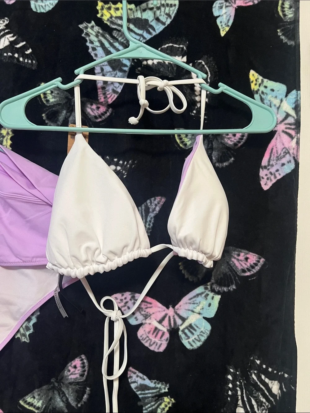 PINK vs lavender bikini with pastel butterfly towel
